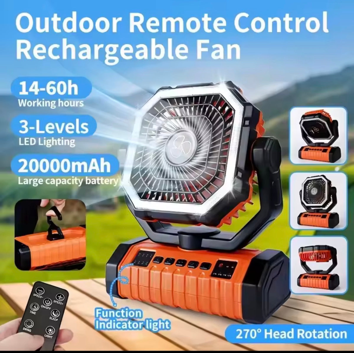Camping Fan with LED Light 20,000 Mah Rechargeable