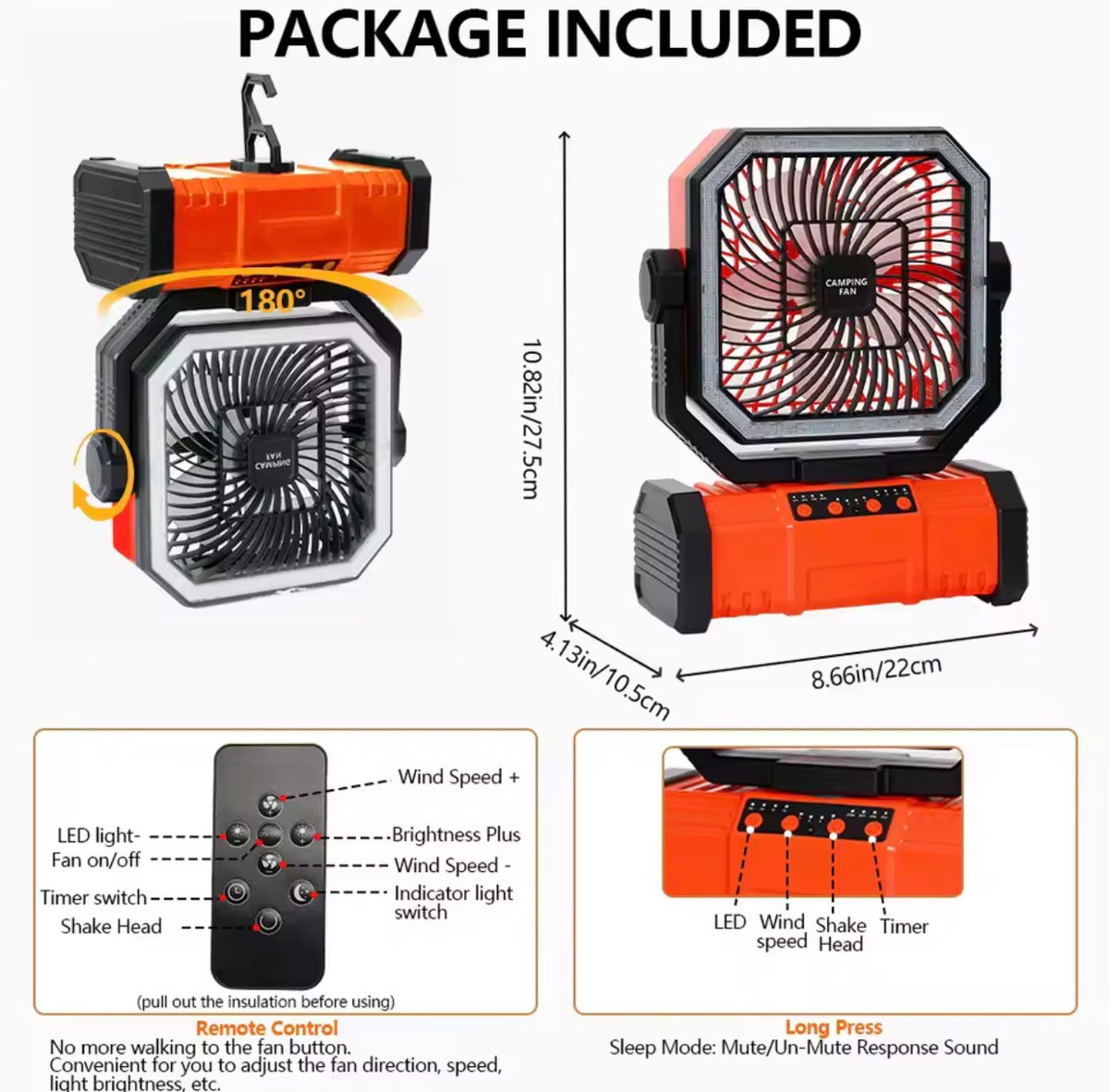 Camping Fan with LED Light 20,000 Mah Rechargeable
