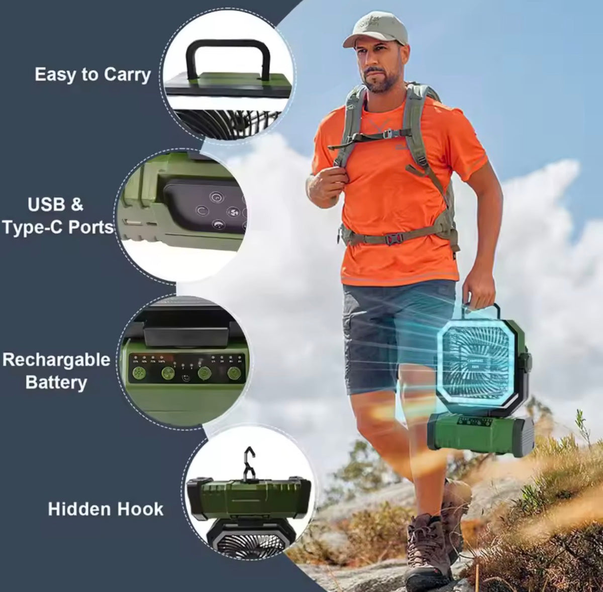 Camping Fan with LED Light 20,000 Mah Rechargeable